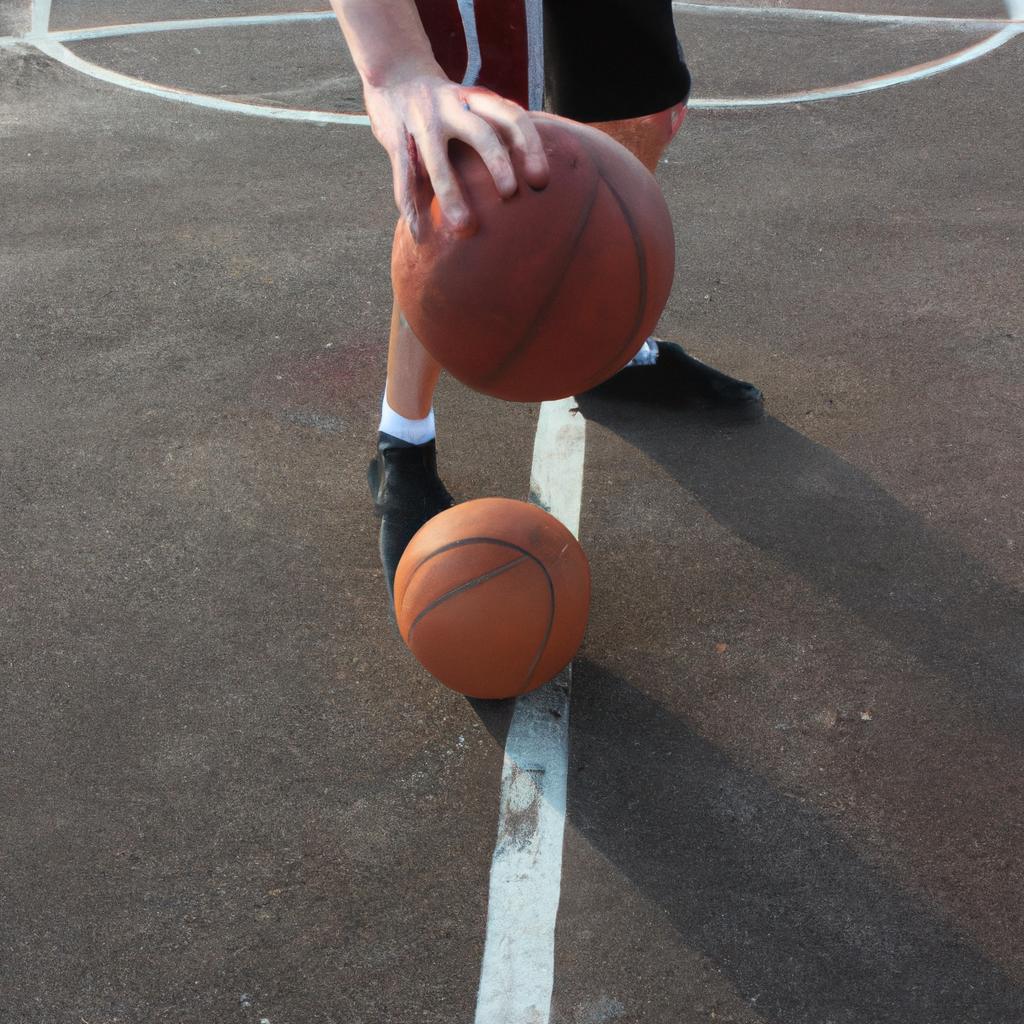 Person dribbling basketball on court