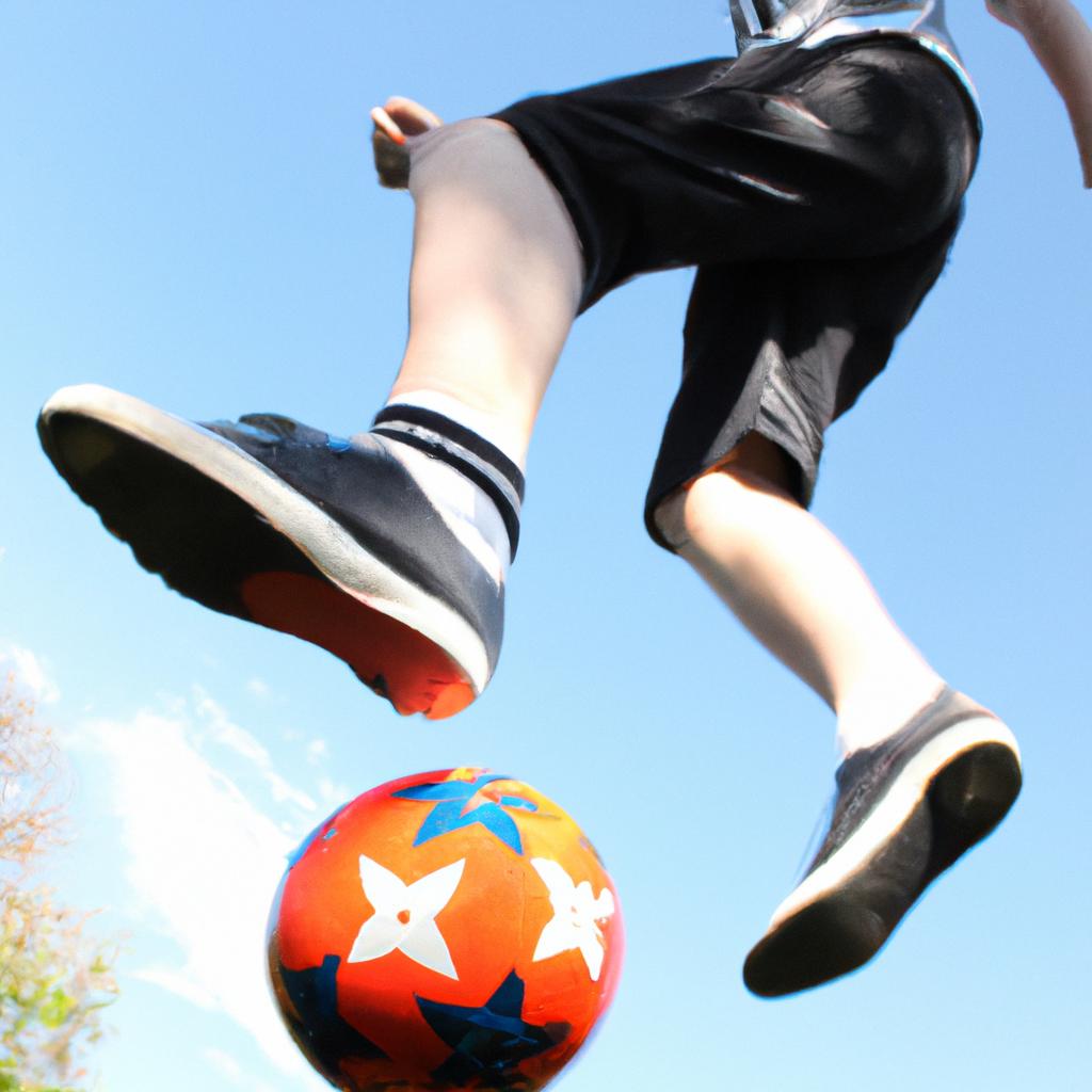 Person kicking soccer ball mid-air
